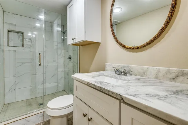 a bathroom with a granite countertop sink mirror toilet and shower