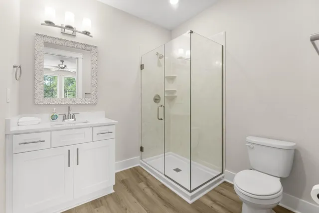 a bathroom with a shower sink vanity mirror and toilet