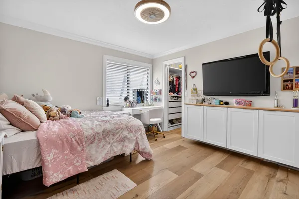 an aerial view of a house with a garden