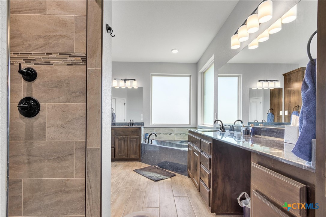 3919 Gracey Lane Kempner, TX 76539 - Photo 34 of 44 a large bathroom with a double vanity sink a large mirror and a shower