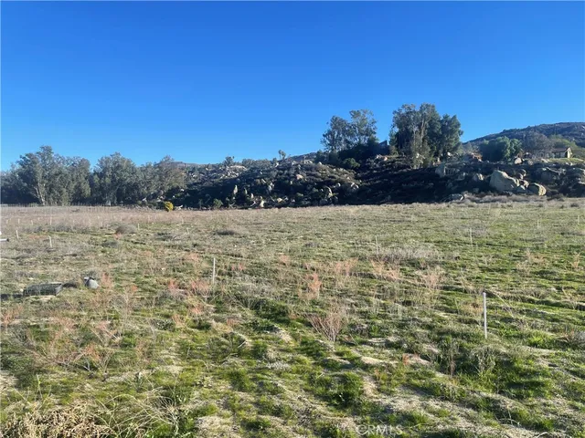a view of a field with trees in the background
