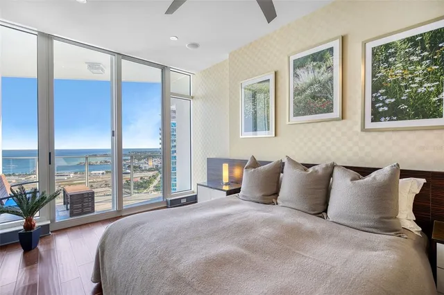 a view of a tall building from a balcony