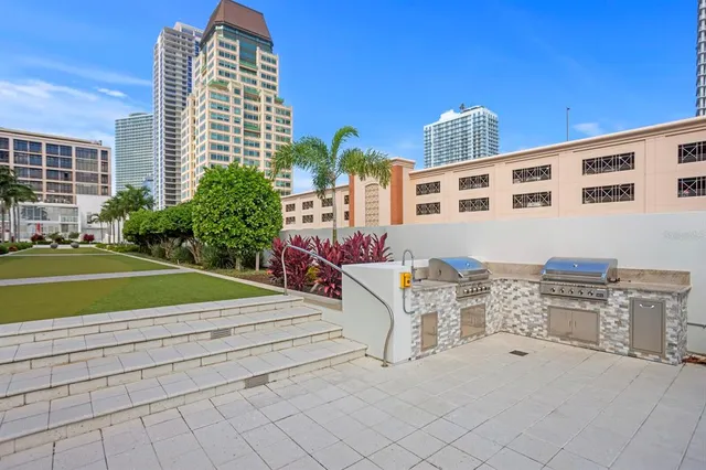 a view of a city and tall buildings