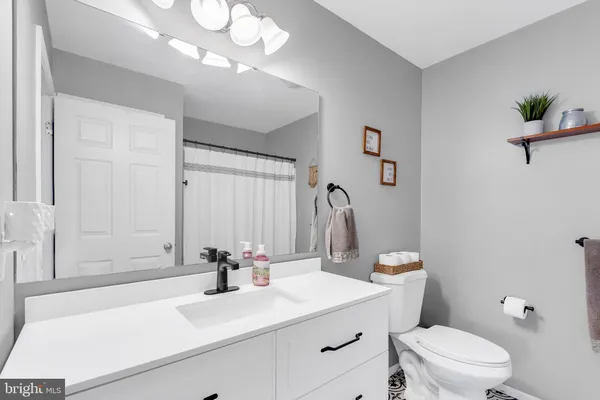 a bathroom with a sink a toilet and a mirror