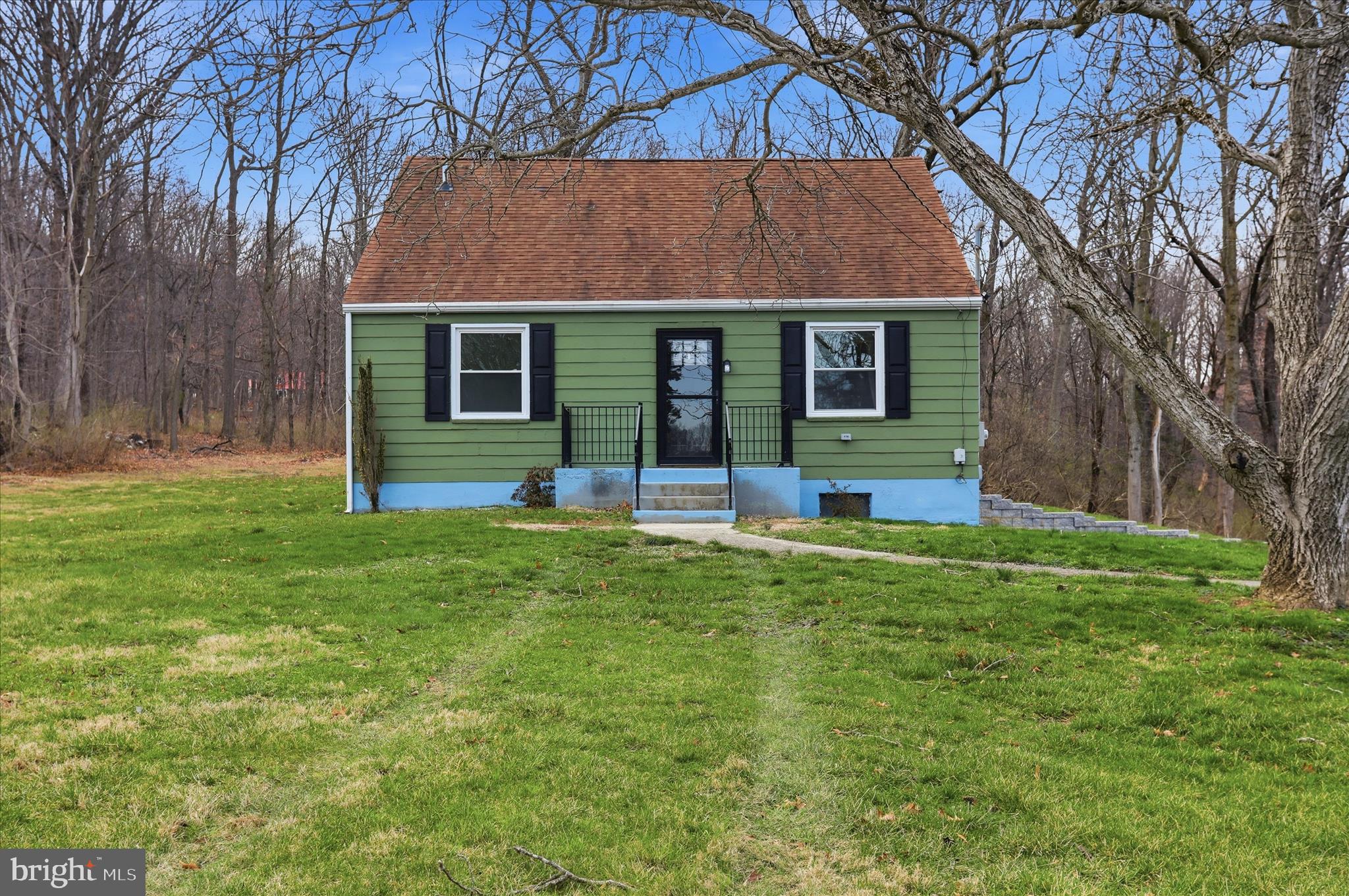 a front view of house with yard and green space