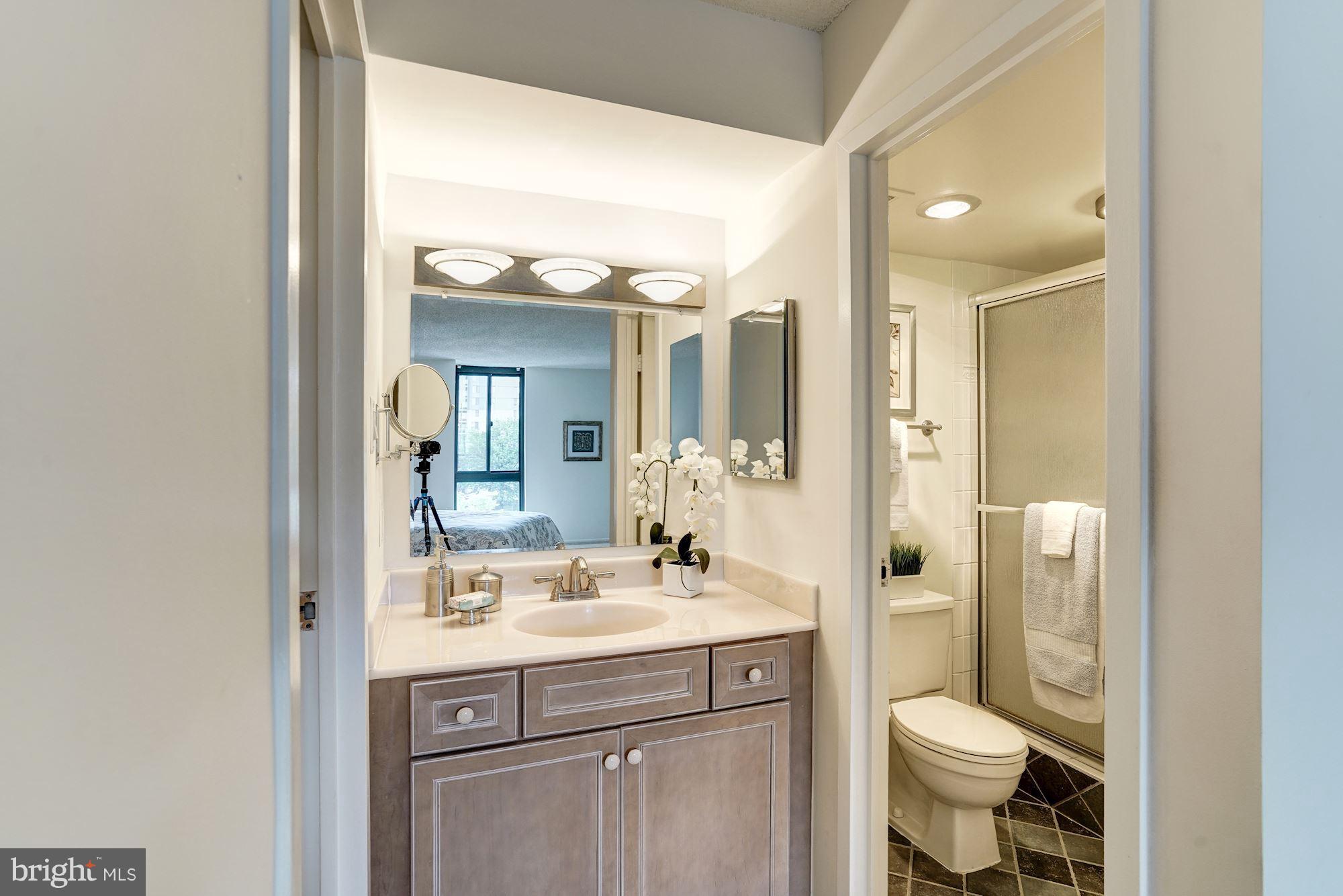 6800 Fleetwood Road, Unit 610 McLean, VA 22101 - Photo 13 of 26 a bathroom with a sink a toilet a mirror and shower