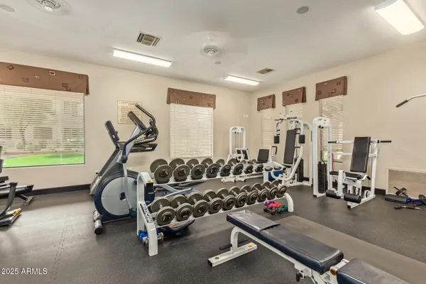 a view of a building with potted plants