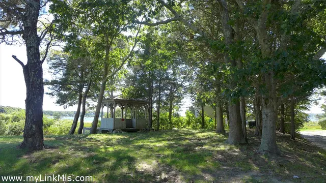 a backyard of a house with trees and outdoor seating