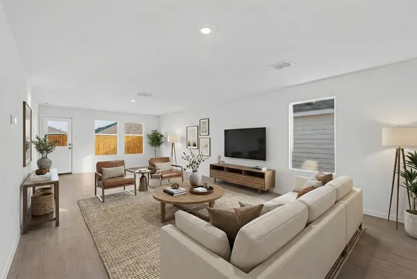 a view of a dining room with furniture