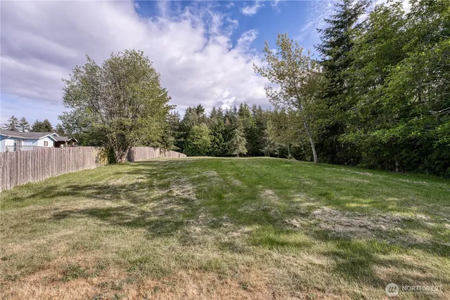 a view of a field with trees in the background