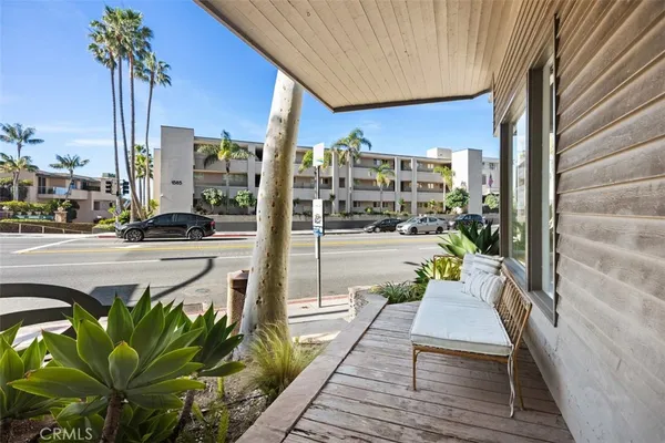 a view of a balcony with potted plants and palm trees