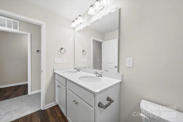 a bathroom with a sink vanity and a mirror