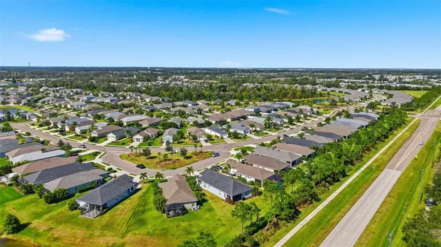 an aerial view of a house with a swimming pool