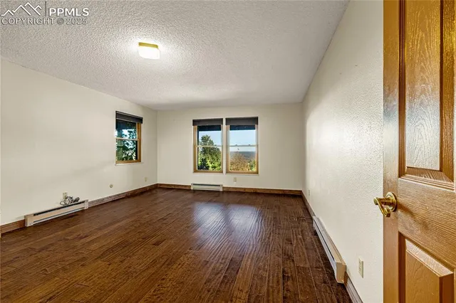 an empty room with wooden floor fireplace and windows