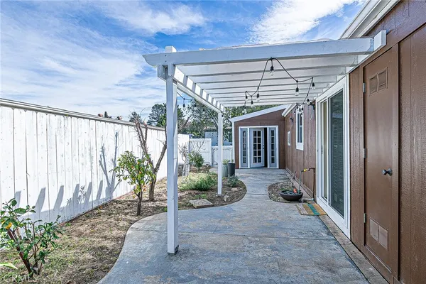a porch with seating space