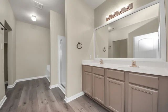 a bathroom with a shower and a sink