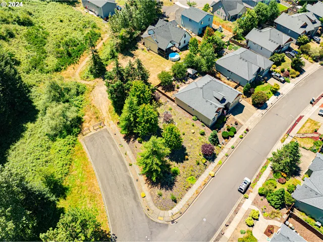 an aerial view of a house with a garden and swimming pool