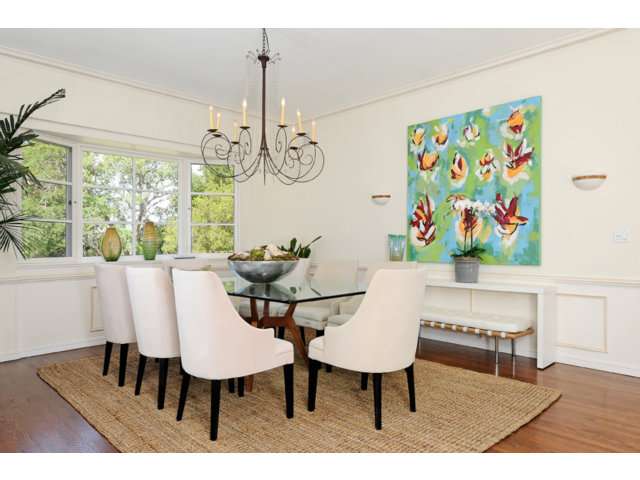 560 Moore Road Woodside, CA 94062 - Photo 7 of 17 a view of a dining room with furniture a chandelier and wooden floor