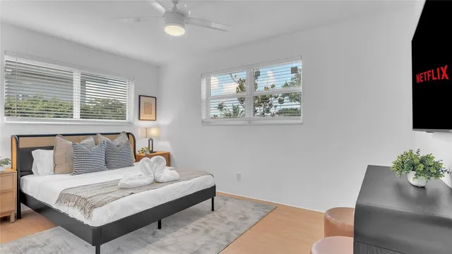 a bedroom with a bed and a flat screen tv