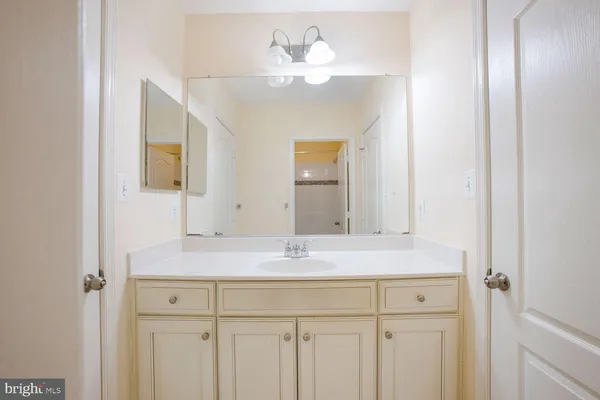 a bathroom with a sink vanity and a mirror