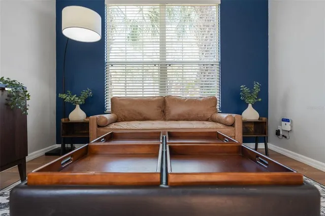 a living room with furniture and a potted plant
