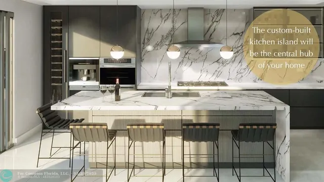 a kitchen with a sink and chairs