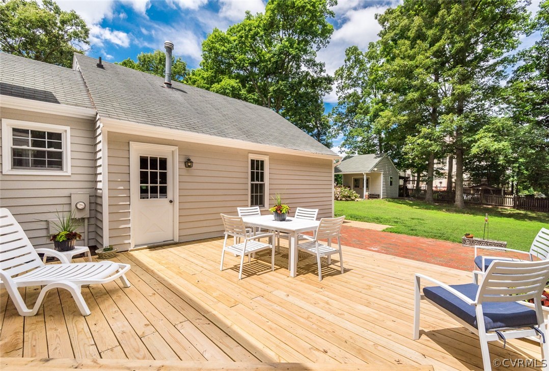 13224 Queensgate Road Midlothian, VA 23114 - Photo 31 of 32 a view of a patio with table and chairs with wooden floor and fence