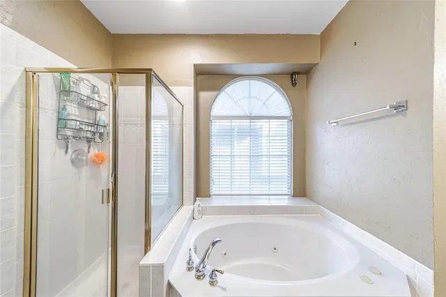 a bathroom with a bathtub and a shower