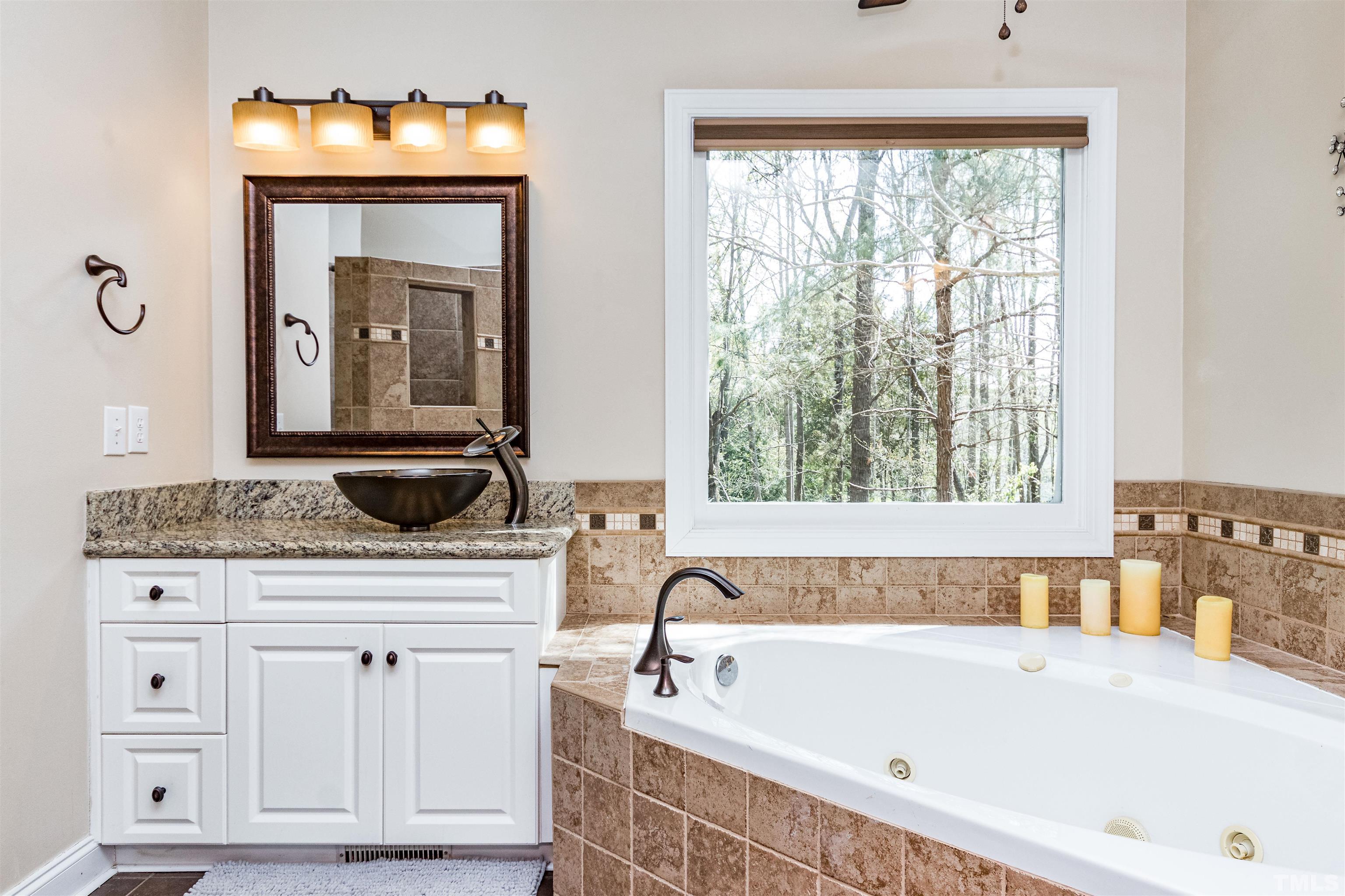 120 Kelsey Court Clayton, NC 27520 - Photo 29 of 62 a bathroom with a tub a sink and a large mirror