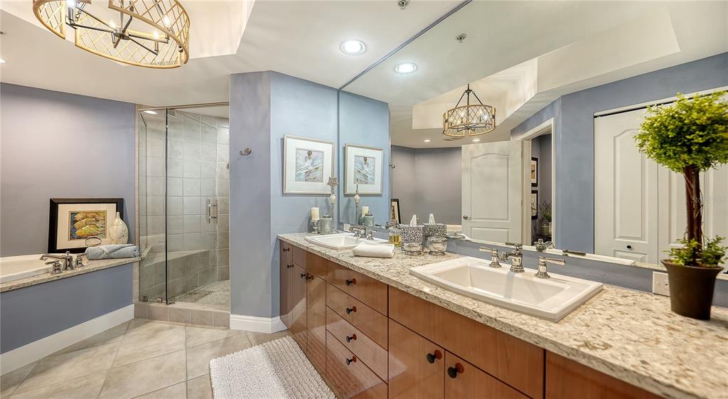 50 Central Avenue, Unit 14B Sarasota, FL 34236 - Photo 30 of 69 a bathroom with a granite countertop sink a large mirror and a shower
