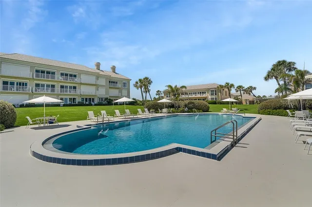 an outdoor view with a swimming pool