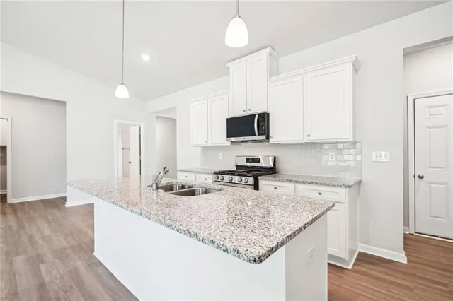 a kitchen with stainless steel appliances granite countertop a sink a stove top oven a counter space and cabinets