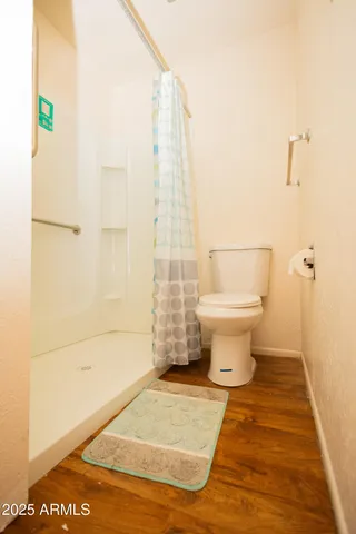 a bathroom with a toilet and a shower