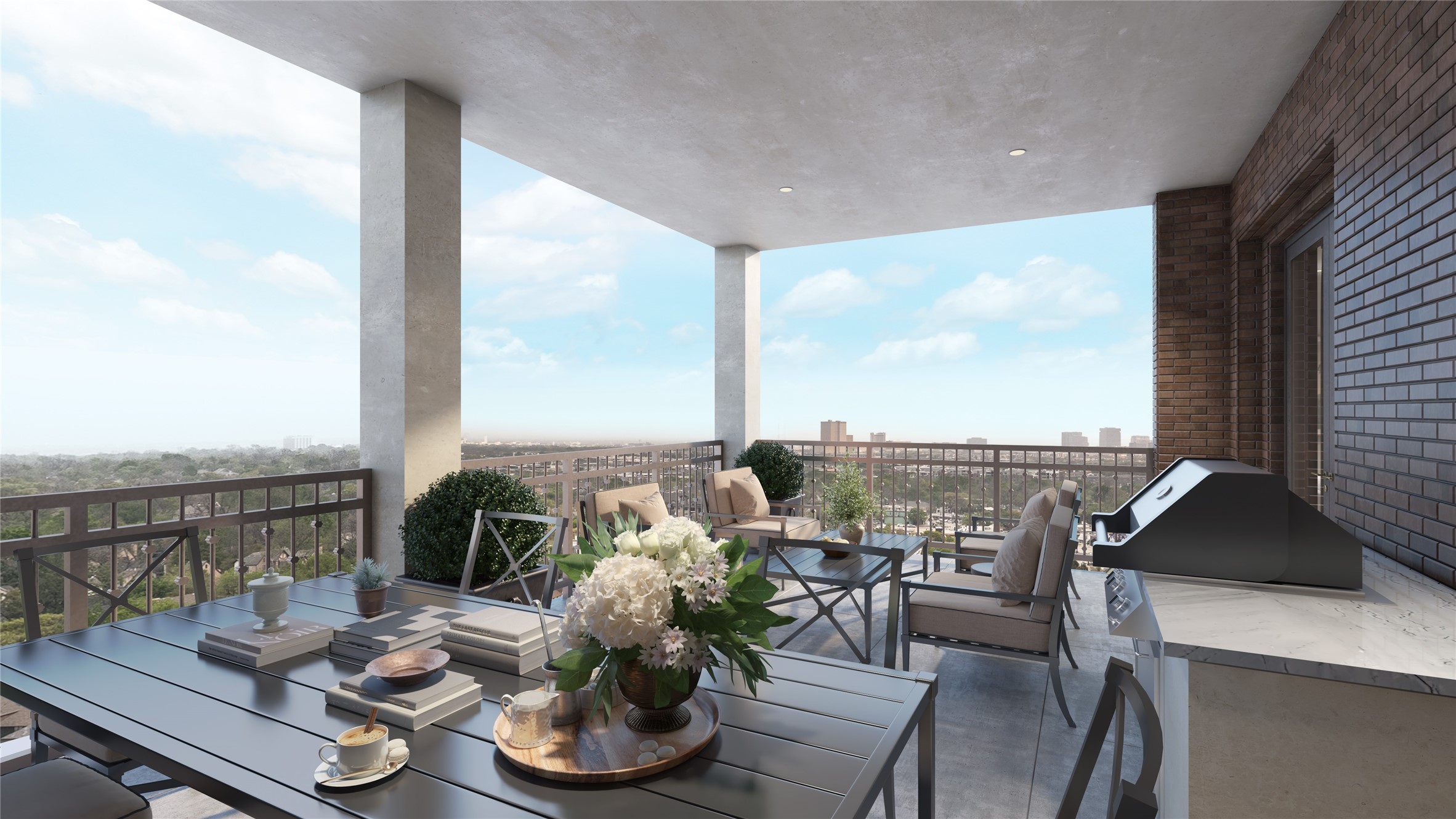 a living room with patio furniture and a floor to ceiling window