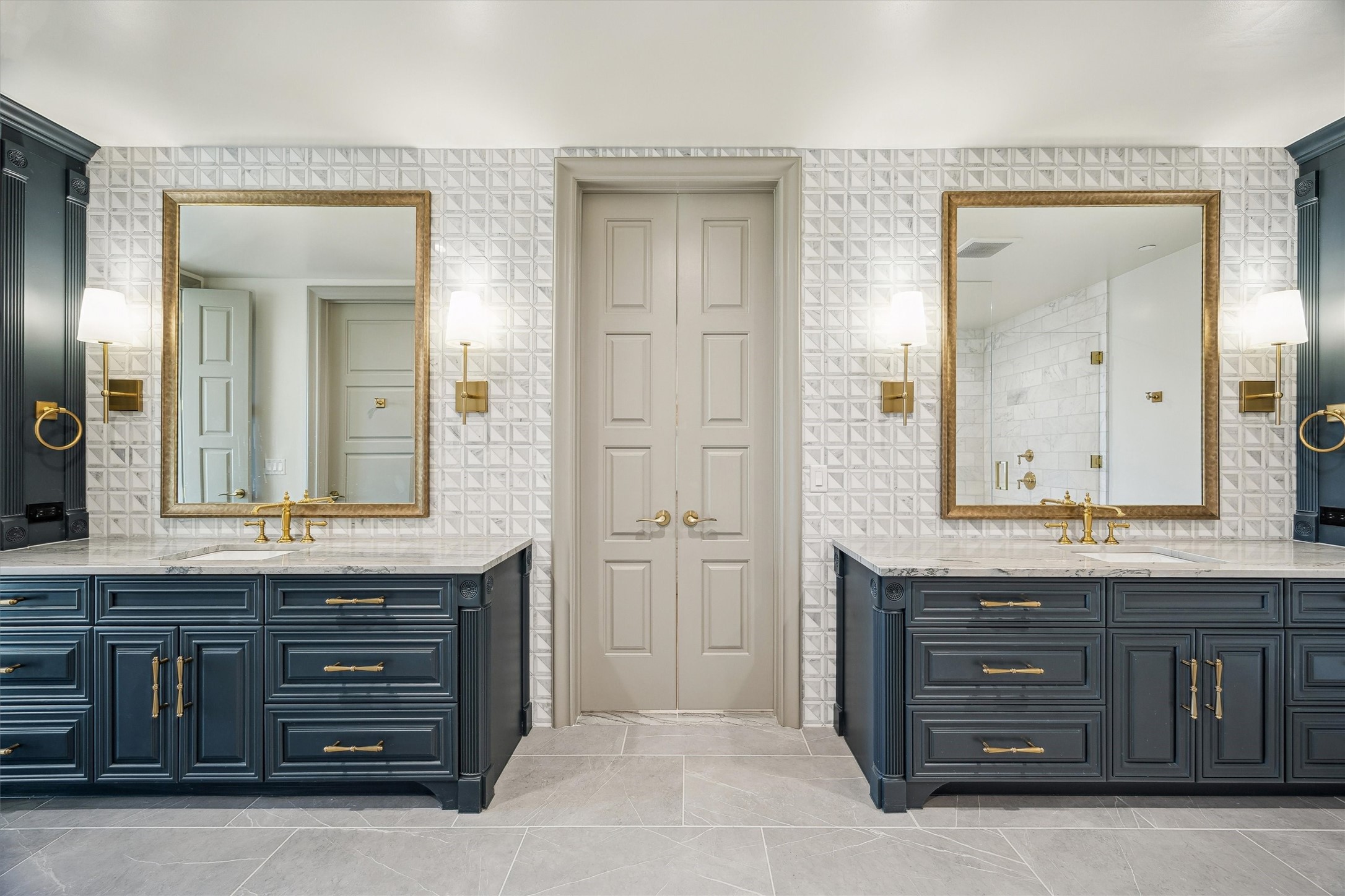 1717 Bissonnet Street, Unit 1106 Houston, TX 77005 - Photo 17 of 35 wooden bathroom with a granite countertop sink and a mirror