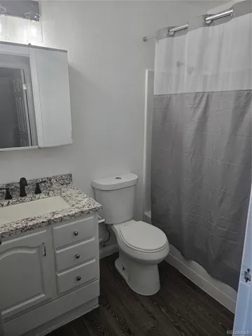 a bathroom with a granite countertop toilet and a sink