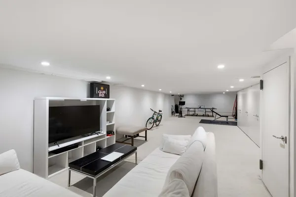 a view of a dining room with furniture