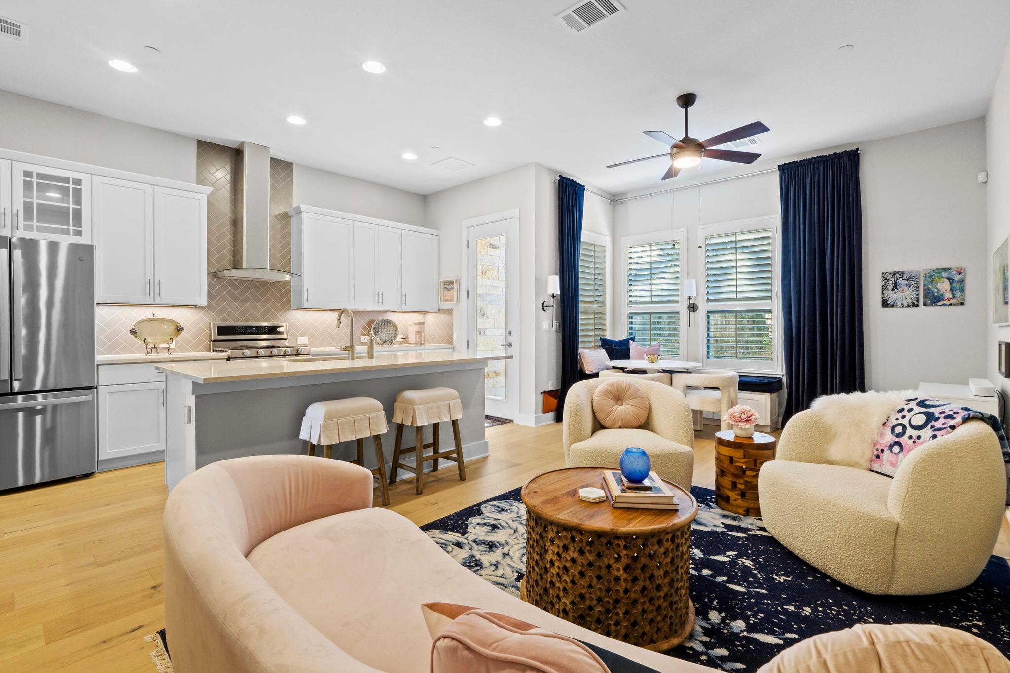 4323 Spicewood Springs Road, Unit 6 Austin, TX 78759 - Photo 9 of 40 Living area featuring light wood finished floors, a ceiling fan, and recessed lighting