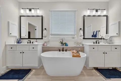 a bathroom with a double vanity sink a mirror and bathtub
