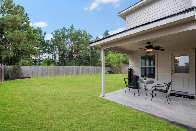a garden view with a seating space
