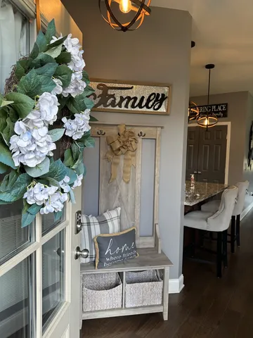 a living room with furniture flowerpot and a chandelier