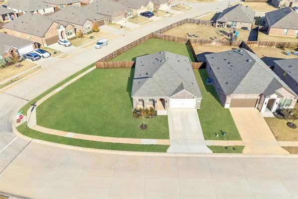 an aerial view of a swimming pool