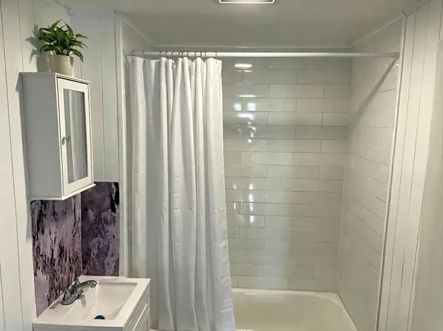 a bathroom with a bathtub and shower