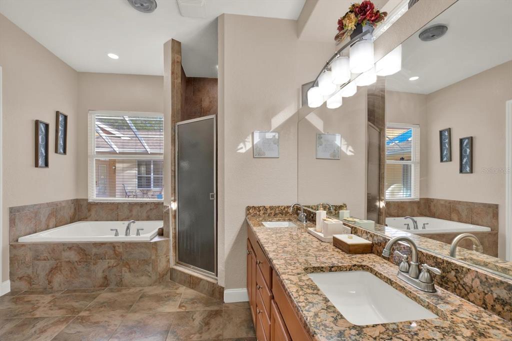 7190 Raymond Place Spring Hill, FL 34607 - Photo 24 of 41 a bathroom with a granite countertop sink a mirror and a shower