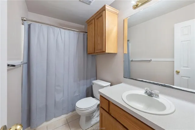 a bathroom with a sink a toilet and shower curtain