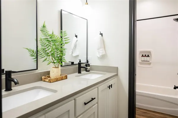 a bathroom with a sink and a mirror