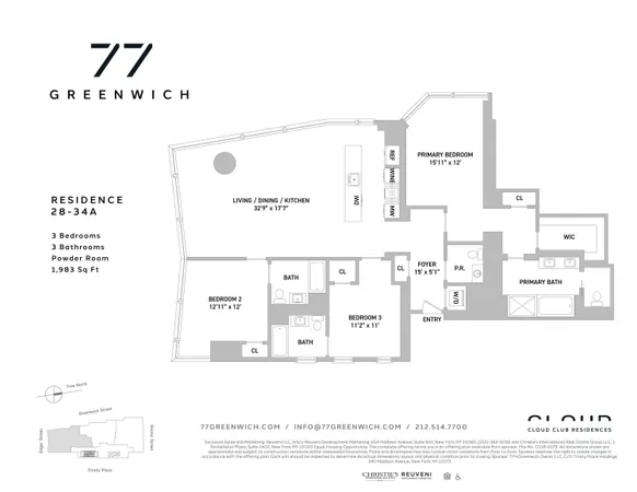 $3,895,000 | 77 Greenwich Street, Unit 34A | Financial District