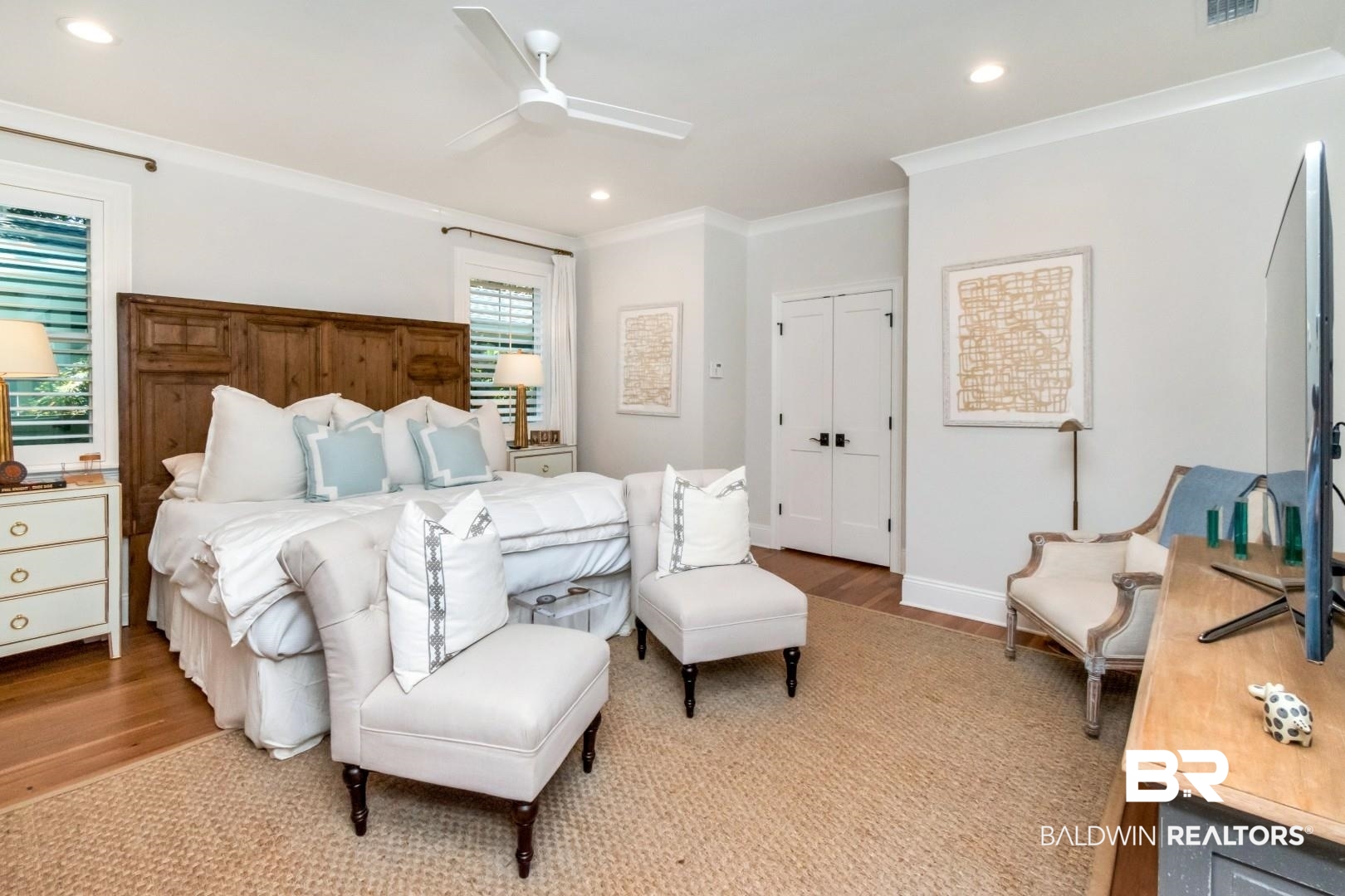 4404 Stein Street Mobile, AL 36608 - Photo 22 of 50 Bedroom featuring crown molding, wood finished floors, recessed lighting, a closet, and a ceiling fan