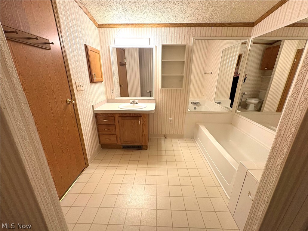 4455 Cleveland Road, Unit 20 Wooster, OH 44691 - Photo 26 of 38 Full bath with vanity, crown molding, a bath, and a textured ceiling