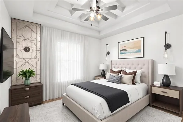 a bedroom with a bed a dresser and a potted plant